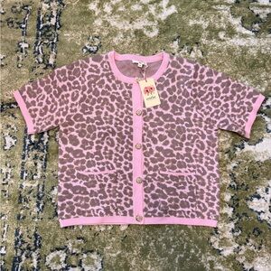 Entro Pink and Brown Leopard Print Short Sleeve Cardigan NWT